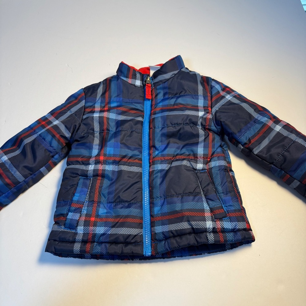 Healthtex Boys Navy Blue Red Plaid Puffer Jacket Fleece Lined Size 24M